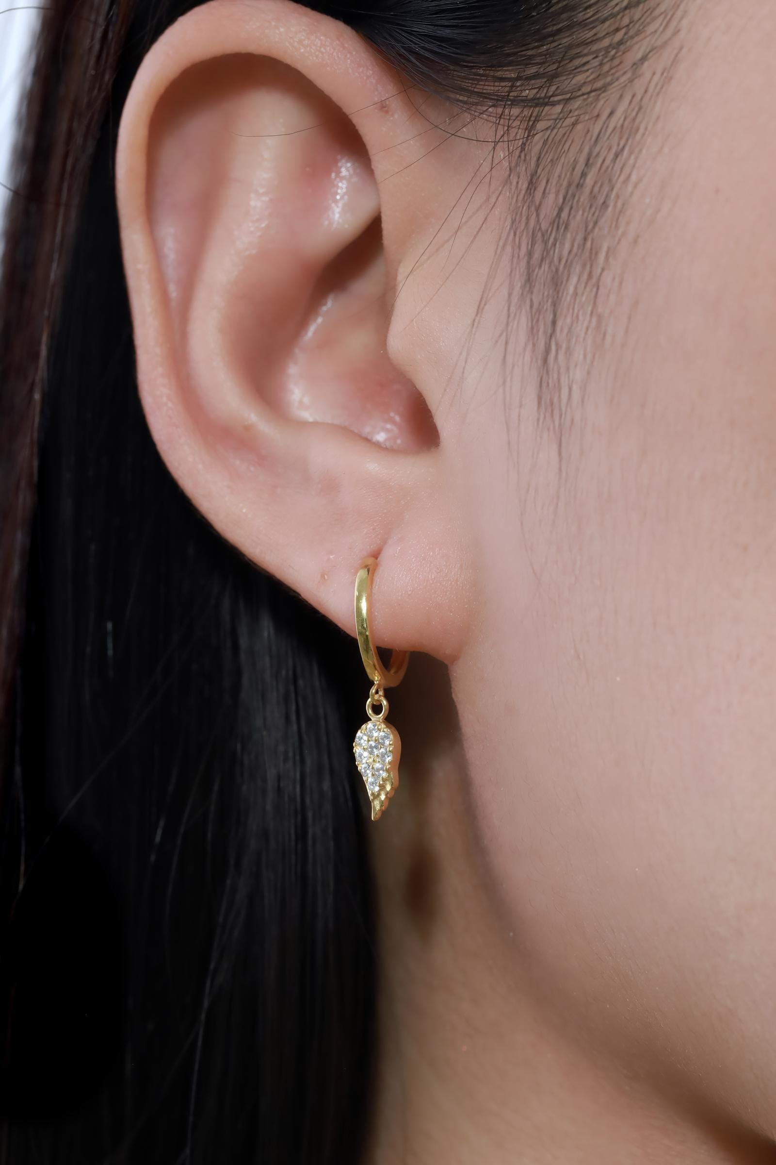 Angel Wing Diamond Hoop Earrings, Minimalist Hoop Earrings Gift for Women, Dangle Drop Angel Wing Hoop Earrings, Unique Earrings Design